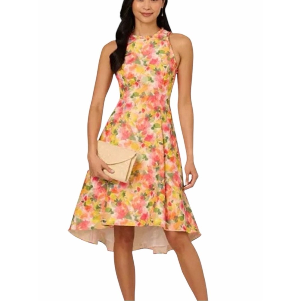 Adrianna Papell Women's Floral Ruffle Trim Dress High Low size 10 NWT